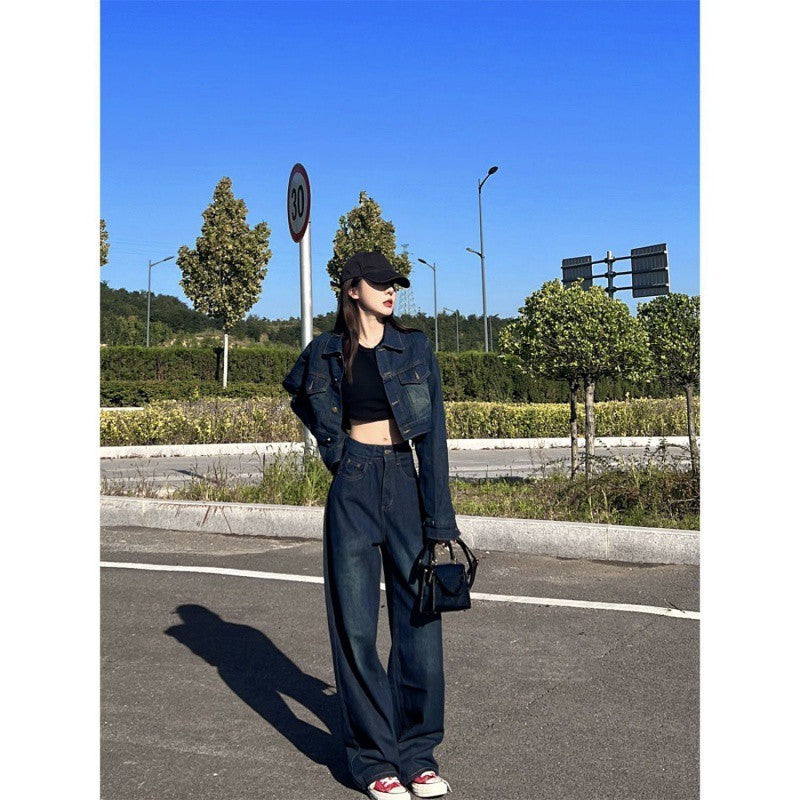 American Campus Denim Coat Jacket Mopping Wide Leg Jeans