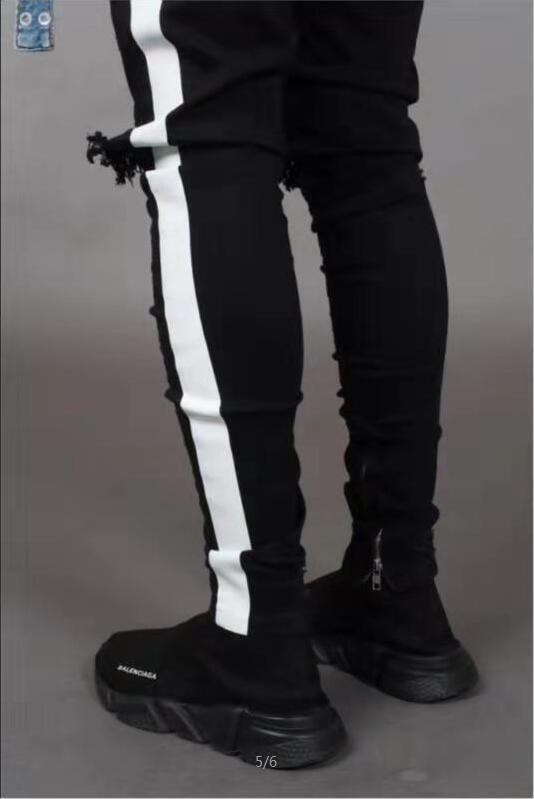 Trendy Men's Ripped Jeans Knee Holes Skinny Slim Fit Denim Pants Destroyed Frayed Trousers Fashion Design Side Stripe Black Jean