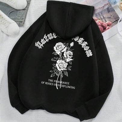 Rose And Letter Print Hoodie Casual Sweatshirt Men And Women