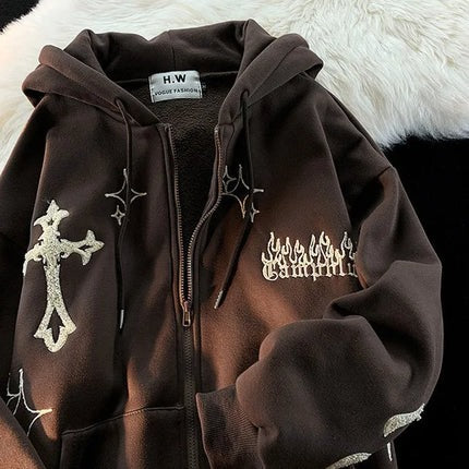 Retro Gothic Embroidered Zip Hoodie – Streetwear Y2K Style
