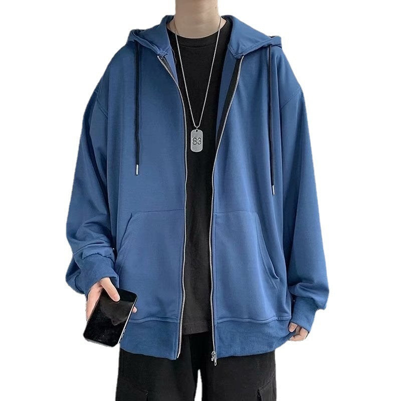 Cardigan Sweater Men Loose Hoodie Solid Color Casual