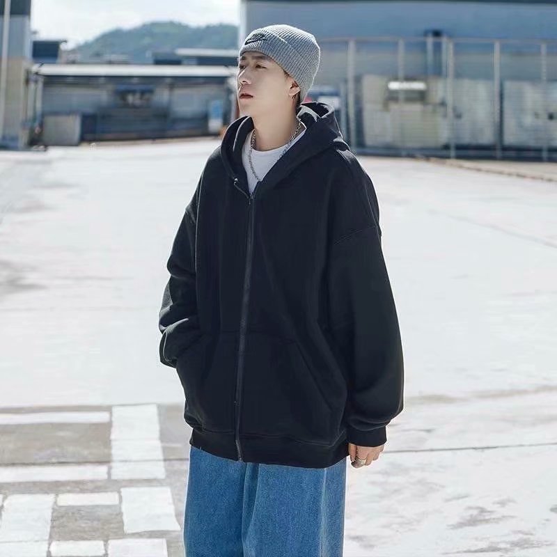 Cardigan Sweater Men Loose Hoodie Solid Color Casual