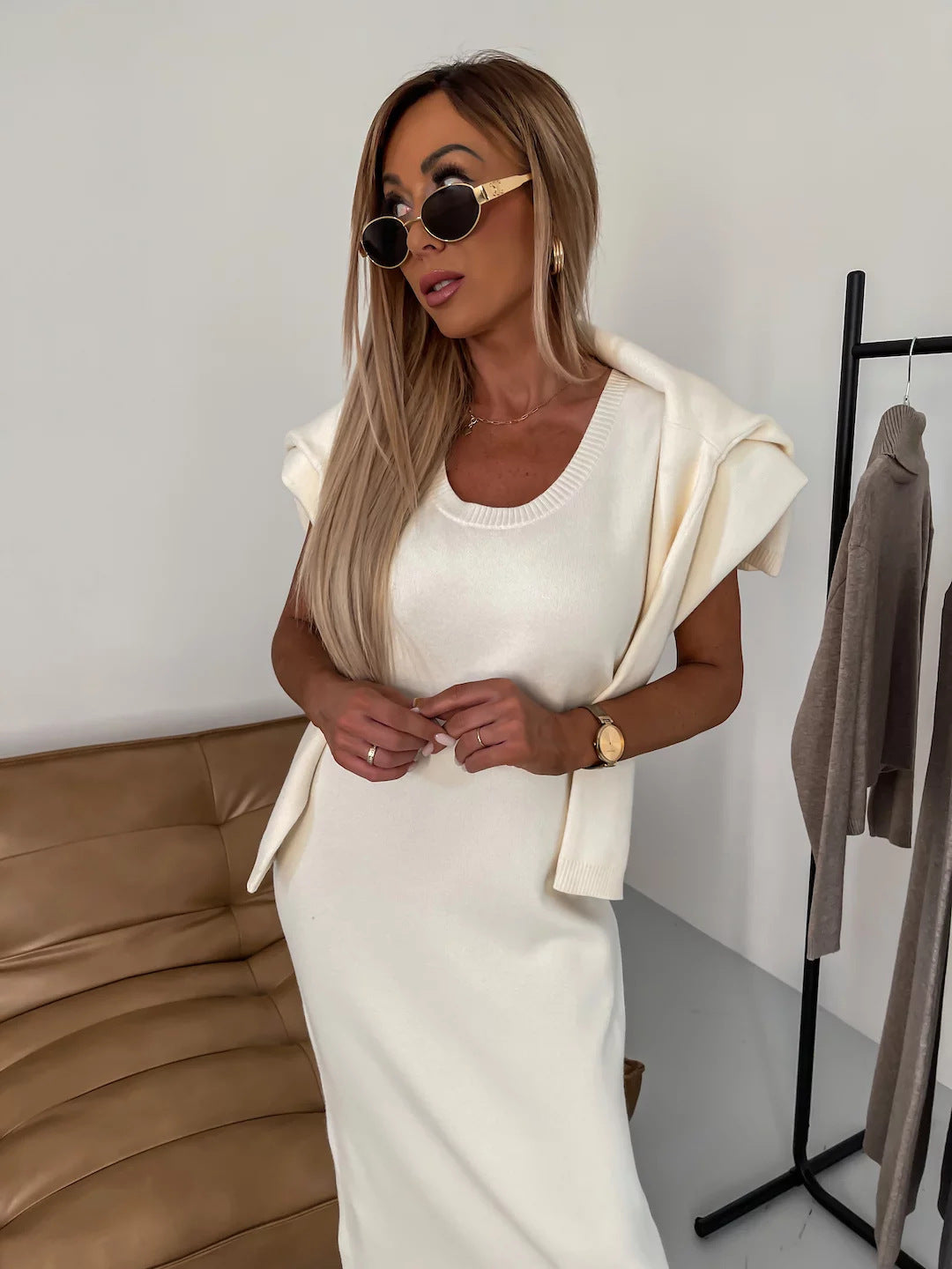 Turtleneck Long Solid Color Knitted Dress Sweater Two-piece Set