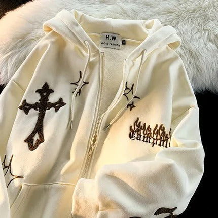 Retro Gothic Embroidered Zip Hoodie – Streetwear Y2K Style