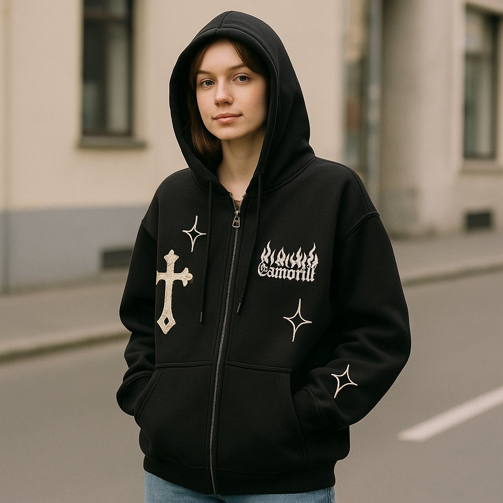 Retro Gothic Embroidered Zip Hoodie – Streetwear Y2K Style