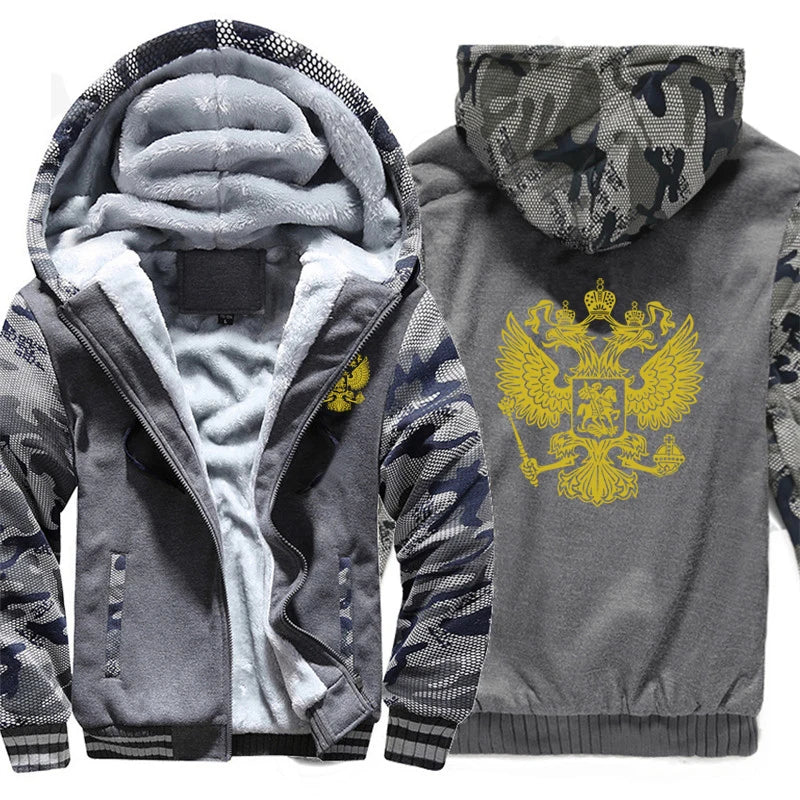 The Coat Of Arms Of Russia Hoodies Men Cool Winter Thicken Wool Liner Russian Flag Sweatshirts Pullover