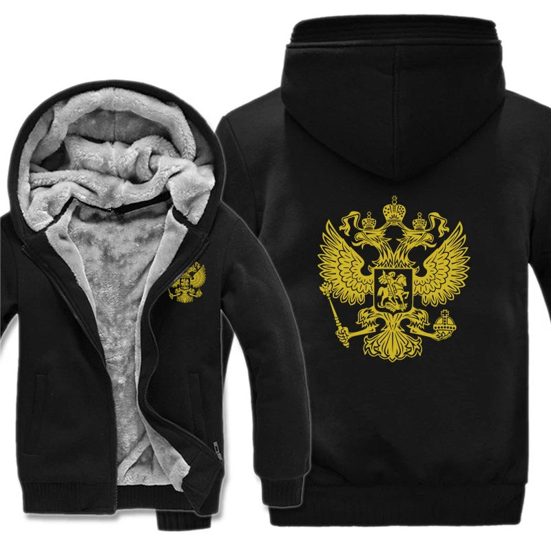The Coat Of Arms Of Russia Hoodies Men Cool Winter Thicken Wool Liner Russian Flag Sweatshirts Pullover