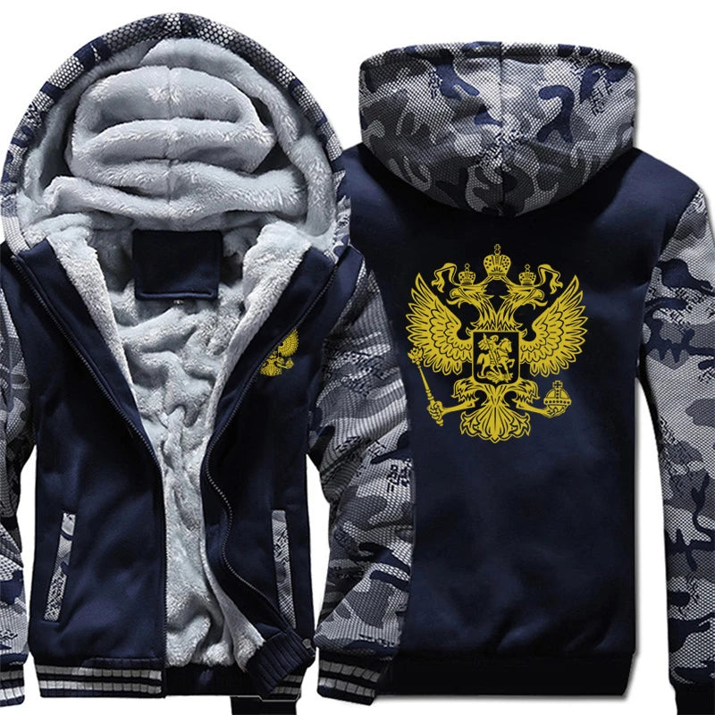 The Coat Of Arms Of Russia Hoodies Men Cool Winter Thicken Wool Liner Russian Flag Sweatshirts Pullover