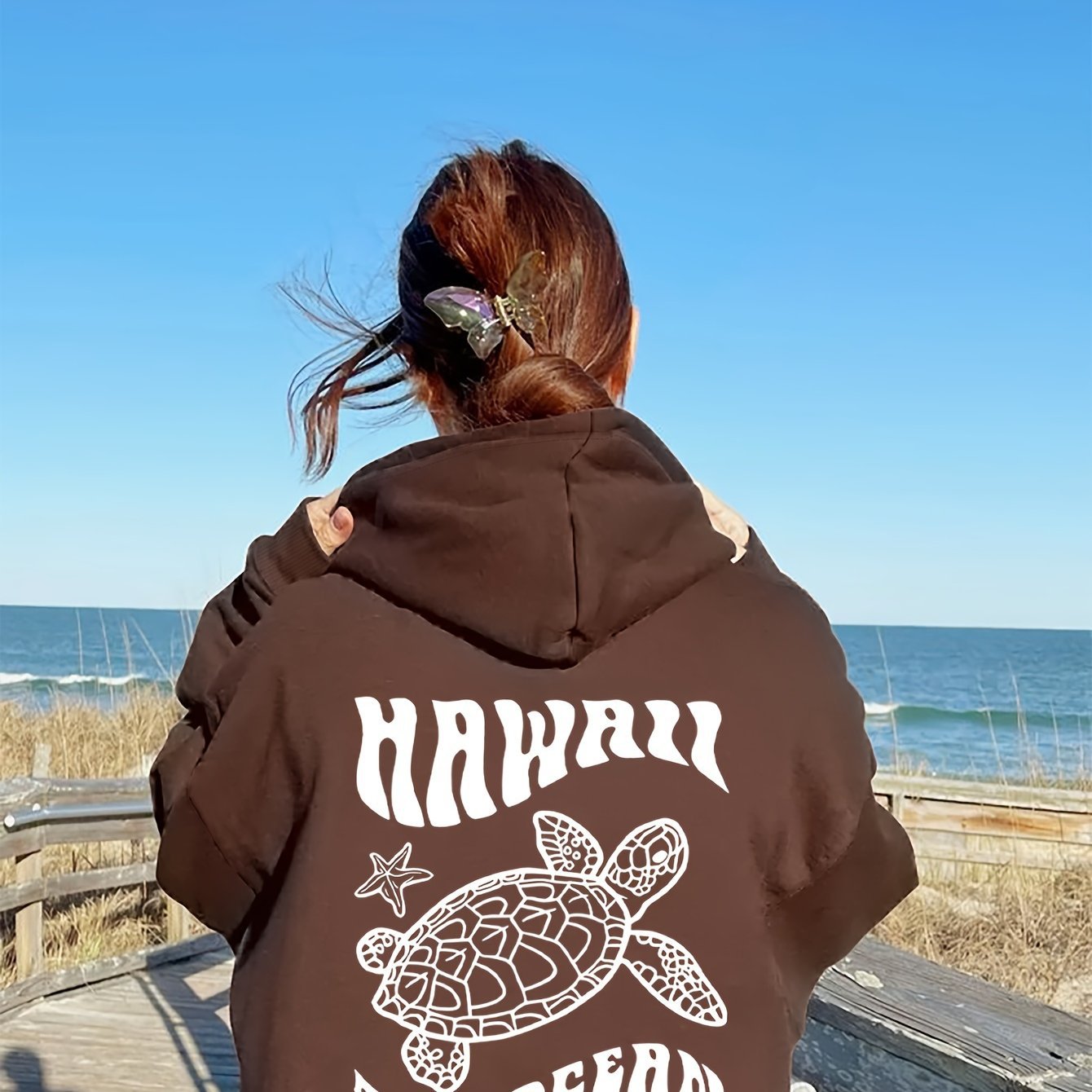 Comfortable Suede Hoodie Turtle And Starfish Pattern Sweater