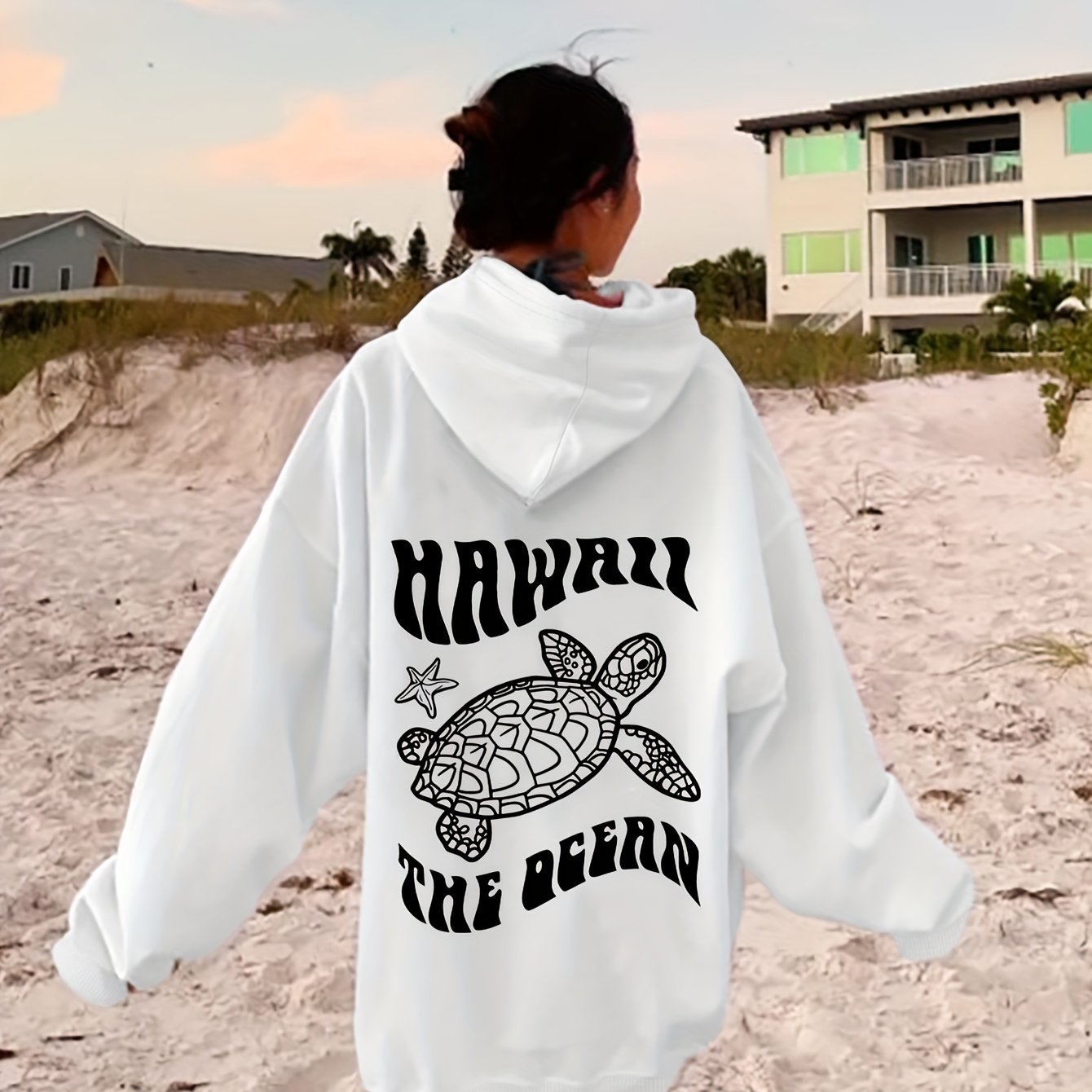 Comfortable Suede Hoodie Turtle And Starfish Pattern Sweater