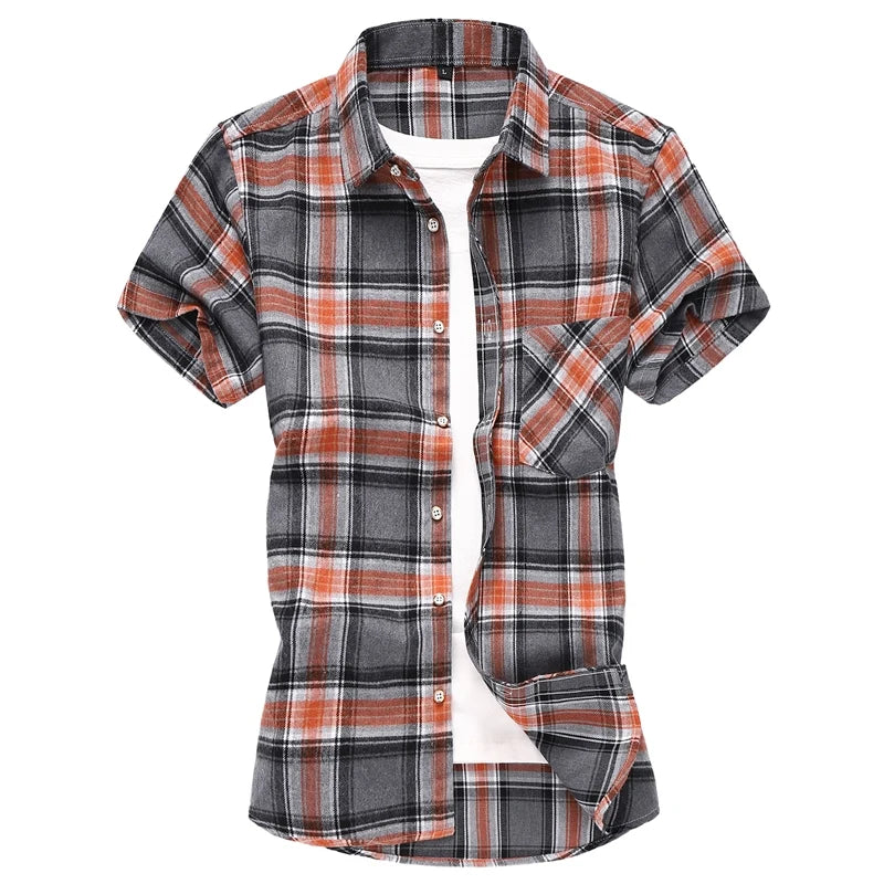 Striped Plaid Short-sleeved Shirt Men's Single-breasted Square Collar Cotton Shirts Summer Fashion Casual Camisa Men Chemise 7XL
