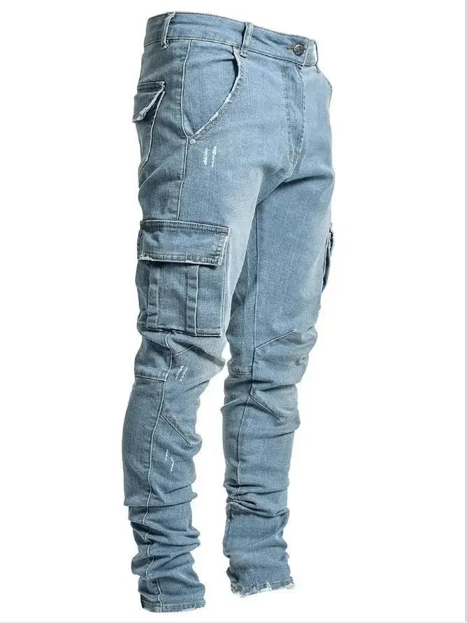 2024 Men Jeans Pencil Pants Cargo Denim Solid Ankle Length Washing Punk Mid Waist Sheath Gothic Slight Strech High Street