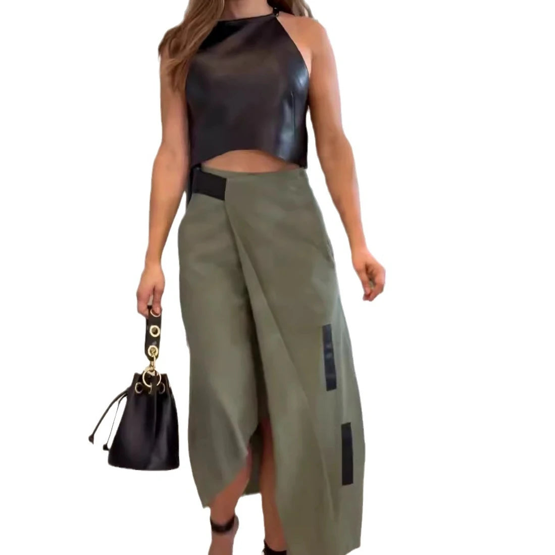 Elegant Dress Sets Women Striped PU Crop Top Straight Irregular Long Skirt Two Piece Set Tank Top Work Summer Sexy Matching Sets