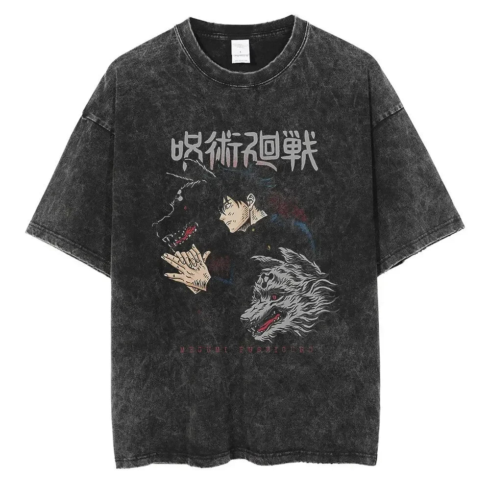 Vintage Anime Printed Washed T-shirt Men Women Cotton T Shirt Hip Hop Streetwear Summer Crew Neck Retro Short Sleeve Tees Tops