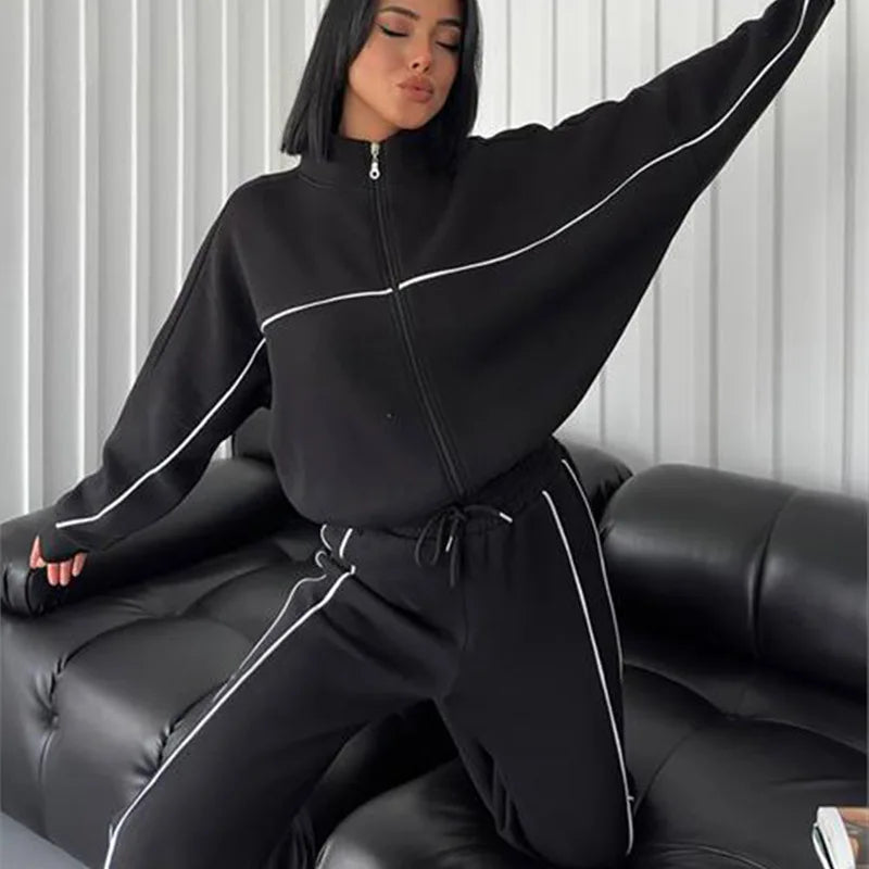 Jacket Women Tracksuit Wide Leg Pants Two Pieces Set Half High Neck Zippers Cardigan Outerwear Drawstring Pockets Matching Set