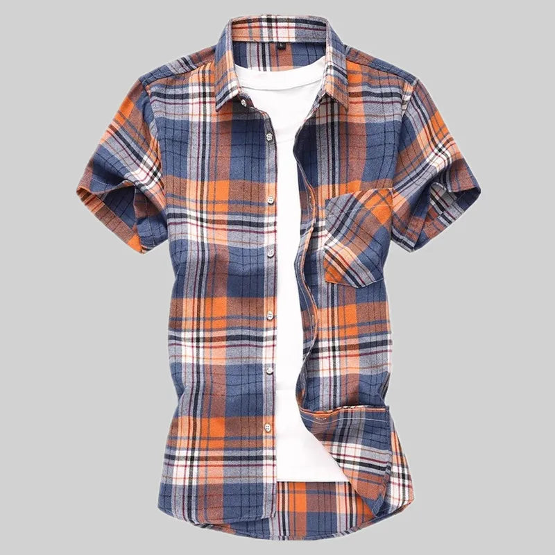 Striped Plaid Short-sleeved Shirt Men's Single-breasted Square Collar Cotton Shirts Summer Fashion Casual Camisa Men Chemise 7XL