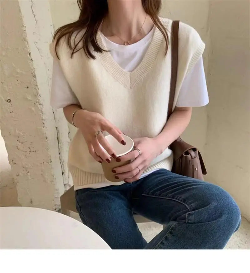 Women V-neck Daily Solid Sleeveless Knitwear
