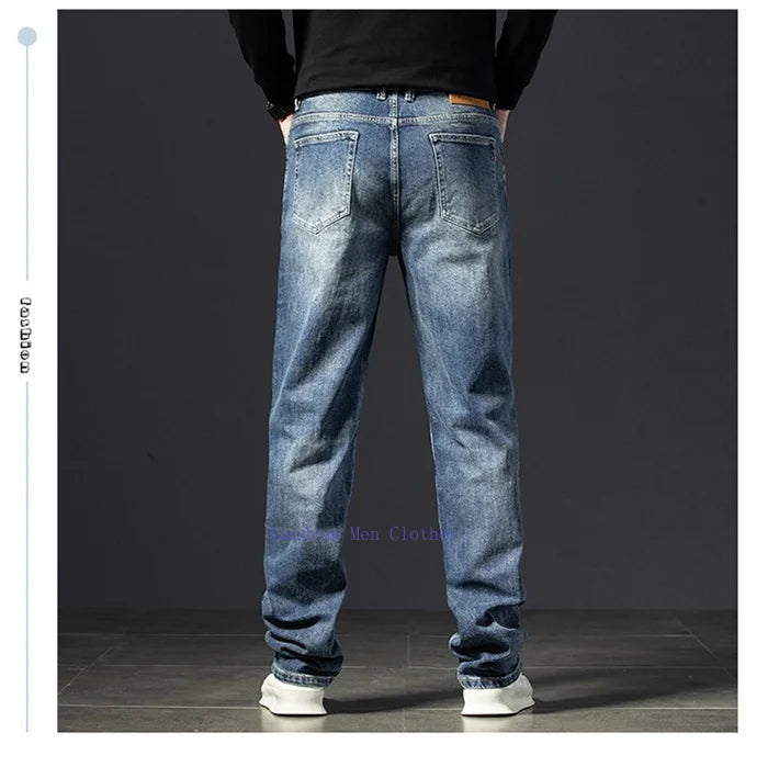 Straight Jeans Tall Guys Students Casual Plus Size 40 Loose Stretched Classic Extra Long Pants Overlong Lengthen Denim Trousers