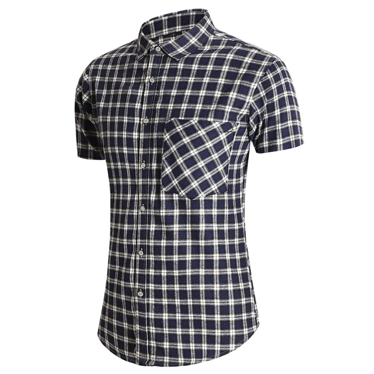 Striped Plaid Short Sleeved Shirt Men's Single-breasted Square Collar Cotton Shirts Summer Fashion Casual Camisa Men Chemise 7XL