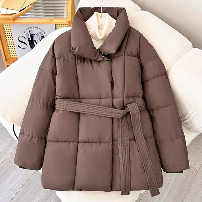 LANMREM Women's Parkas Solid Color Warm Cotton Padded Coat Jacket Belt Gathered Waist Female Fashion Winter Clothing 2DB1775