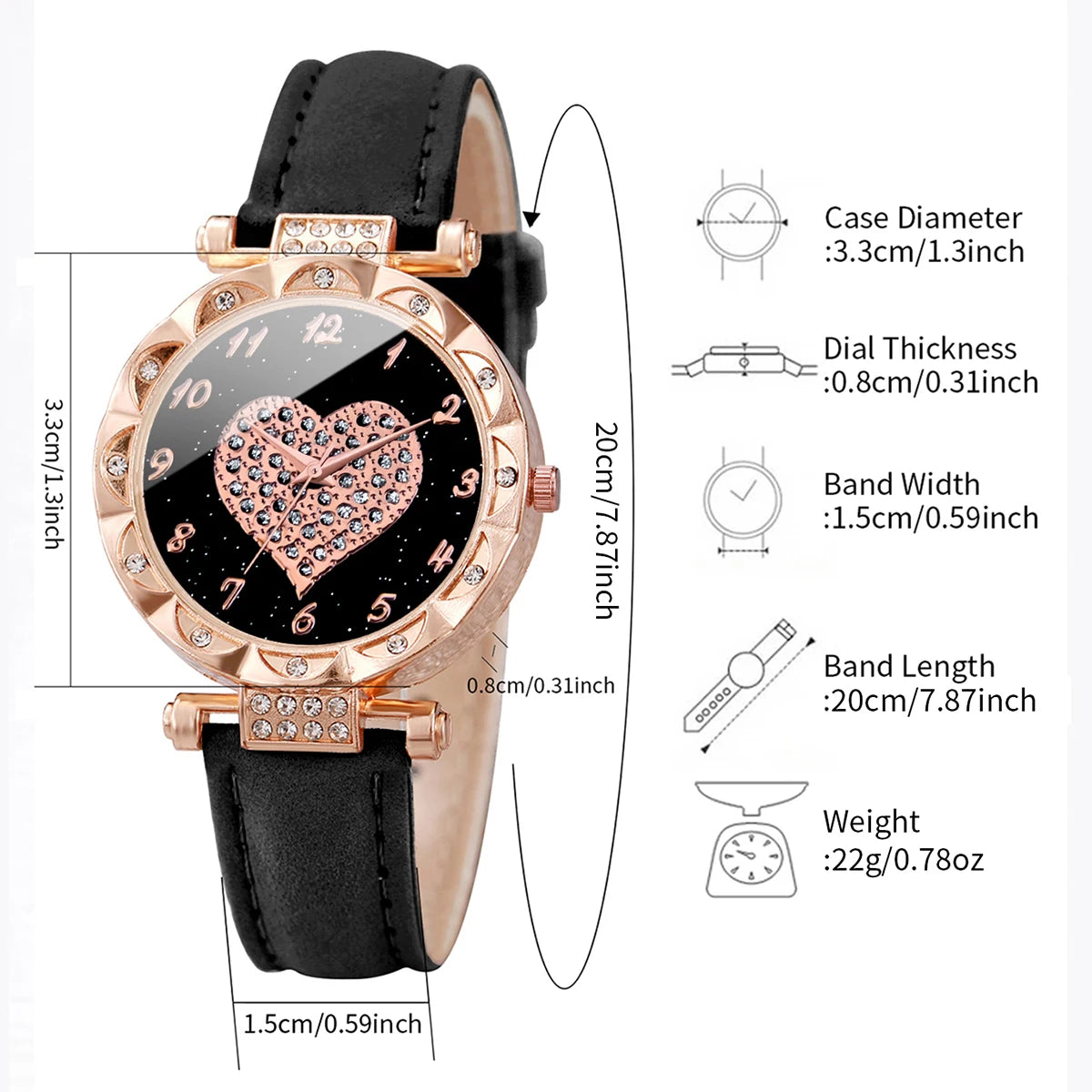 3PCS Women Watches Fashion Rhinestone Heart Dial Quartz Watch Female Leather Band Wristwatches Set(Without Box)