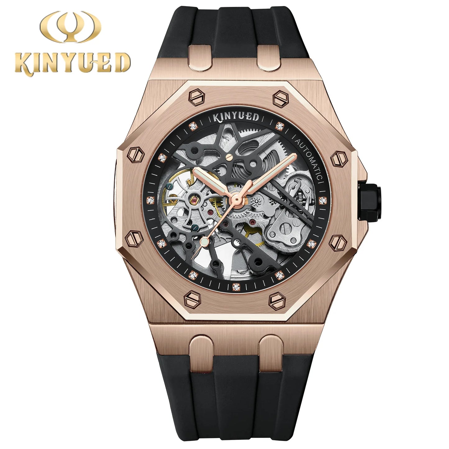 KINYUED Fashion Skeleton Mechanical Watch Top Brand Luxury Men's Steampunk Transparent Hollow Automatic Watch Relogio Masculino