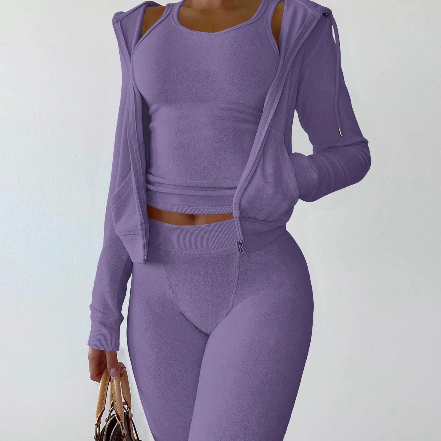 Autumn Winter Double-sided Velvet Vest 3 Piece Set For Woman's Fashion Hooded Sweatshirt Jacket Slim Pocket Trousers Female Suit