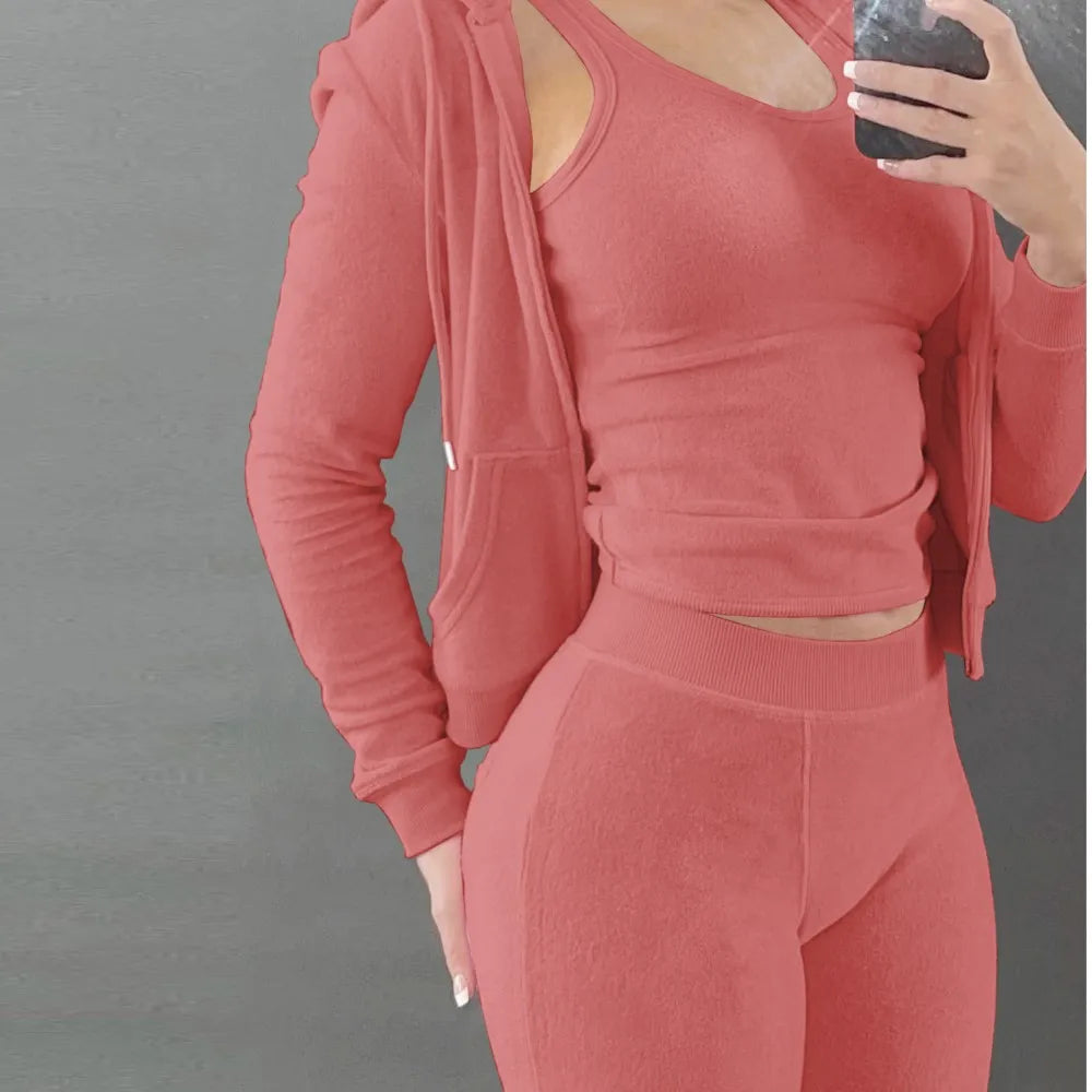 Autumn Winter Double-sided Velvet Vest 3 Piece Set For Woman's Fashion Hooded Sweatshirt Jacket Slim Pocket Trousers Female Suit