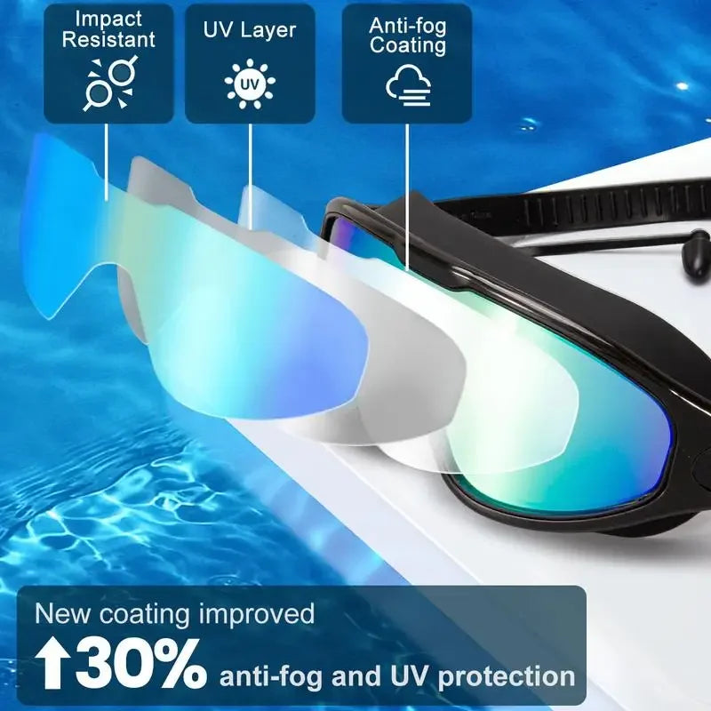 Swim Goggles with Ear Plugs UV Protection No Leaking Anti Fog Lens Swimming Glasses Wide Blue Light Blocking Comfortable Eyewear