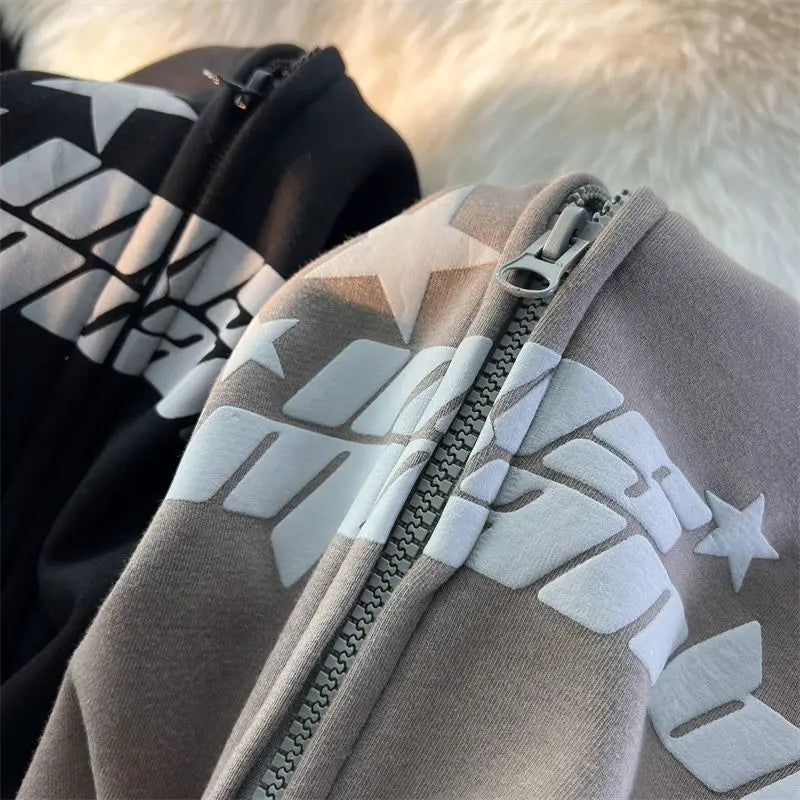 Star Print Hoodies Women's Y2K Street Hip-Hop Zipper Sweatshirt Couple Loose Cashmere Hoodie Cardigan Unisex Casual Coat Women's
