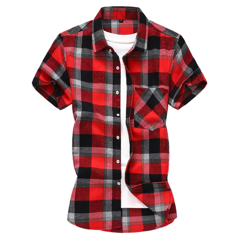 Striped Plaid Short Sleeved Shirt Men's Single-breasted Square Collar Cotton Shirts Summer Fashion Casual Camisa Men Chemise 7XL