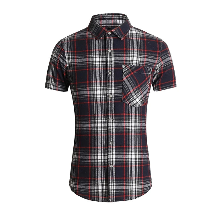 Striped Plaid Short Sleeved Shirt Men's Single-breasted Square Collar Cotton Shirts Summer Fashion Casual Camisa Men Chemise 7XL