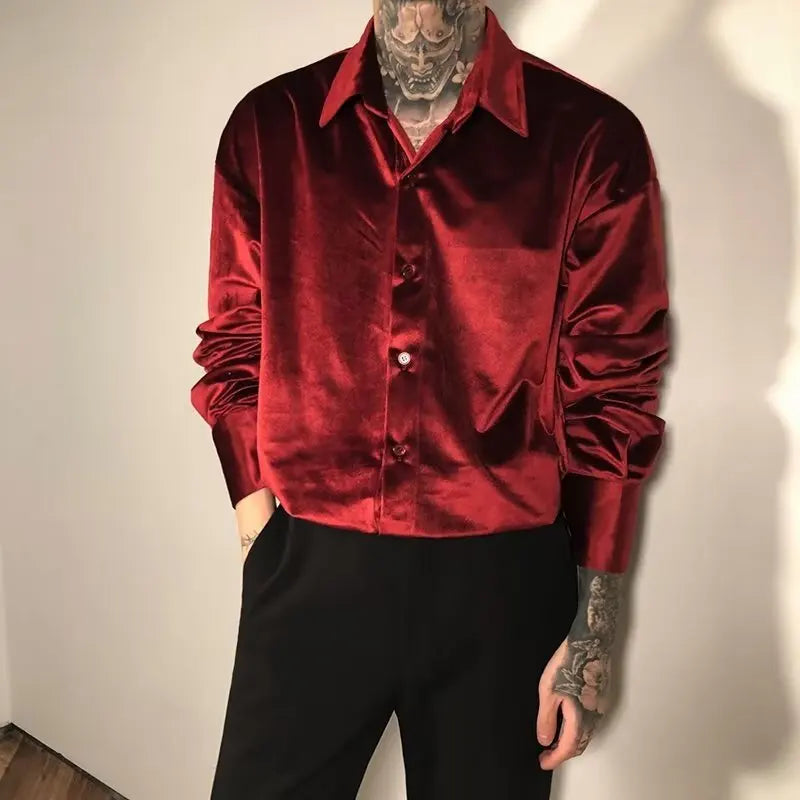Velvet Shirt Men 2024 Autumn New Vintage Long Sleeve Casual Shirts Fashion Streetwear All-Matching Solid Bottoming Blouses
