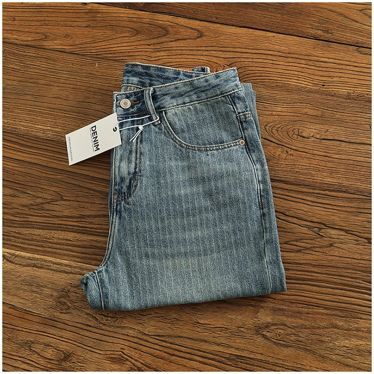 Heavy chunky jeans men vintage do old wash dark vertical texture of loose straight leg denim pants