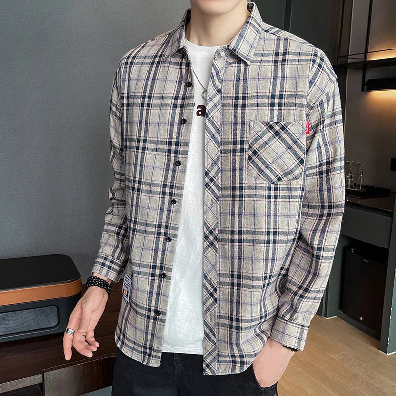 Men's Long Sleeved Checkered Shirt, Korean Slim Fit Jacket, Casual Student Trend Shirt, Lining