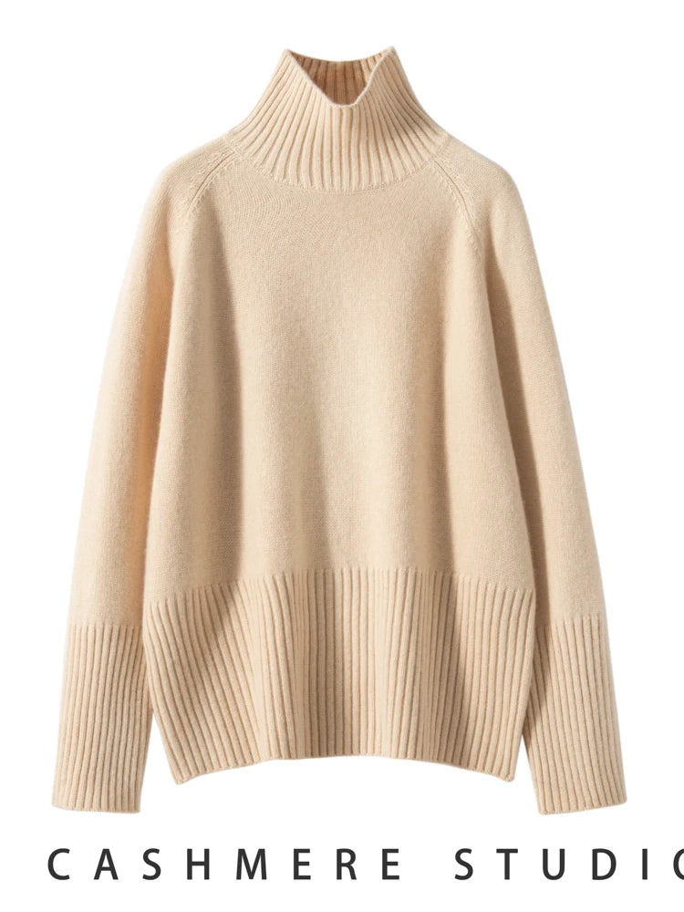 Women's 100% Cashmere Sweater Turtleneck Raglan Sleeve Pullover Autumn Winter Thick Casual Loose Style Cashmere Knitwear Korean