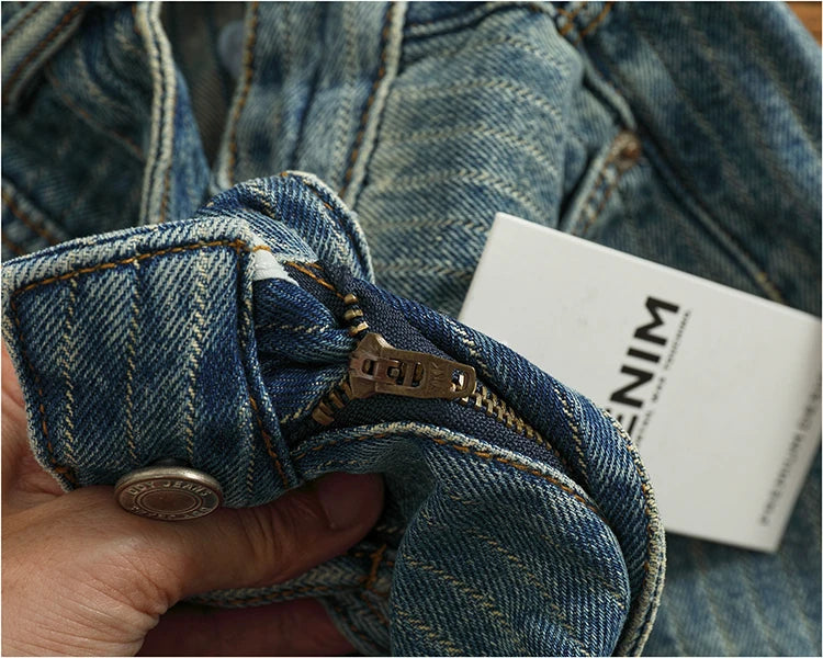 Heavy chunky jeans men vintage do old wash dark vertical texture of loose straight leg denim pants