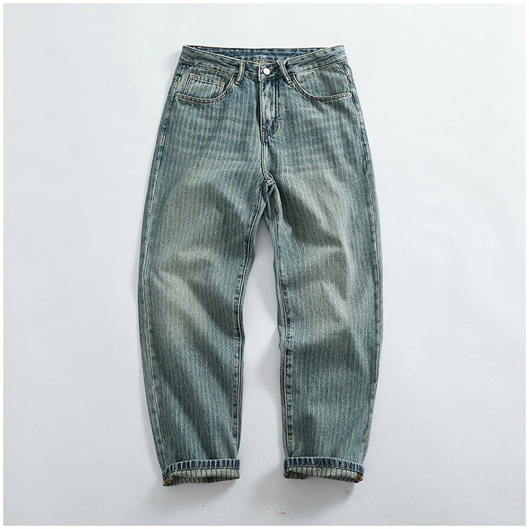 Heavy chunky jeans men vintage do old wash dark vertical texture of loose straight leg denim pants