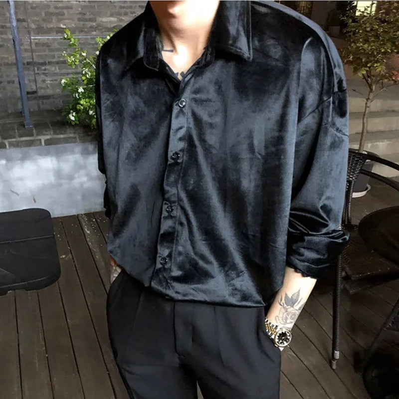 Velvet Shirt Men 2024 Autumn New Vintage Long Sleeve Casual Shirts Fashion Streetwear All-Matching Solid Bottoming Blouses