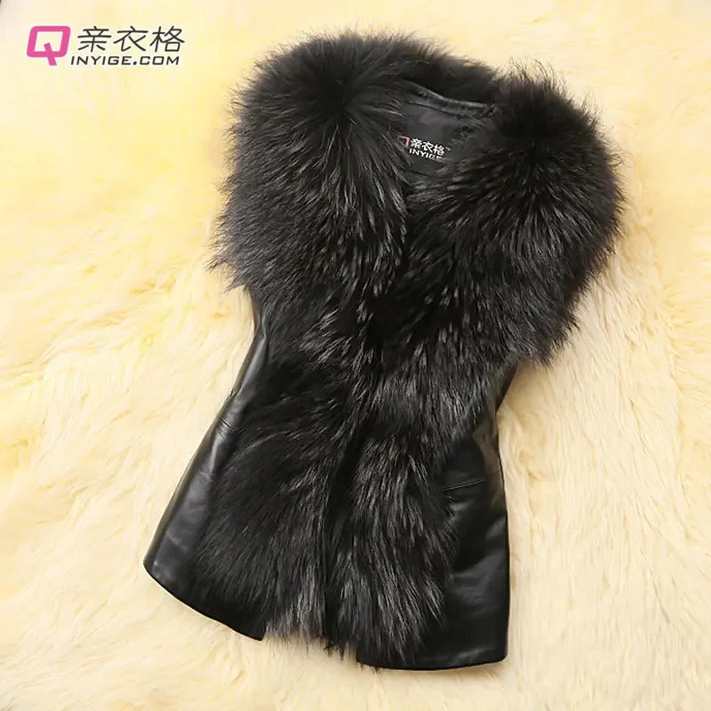 Women Leather Jacket Fur Collar Stitching Simulation Leather Oversized Raccoon Autumn Winter Solid Color Sleeveless Vest Coat