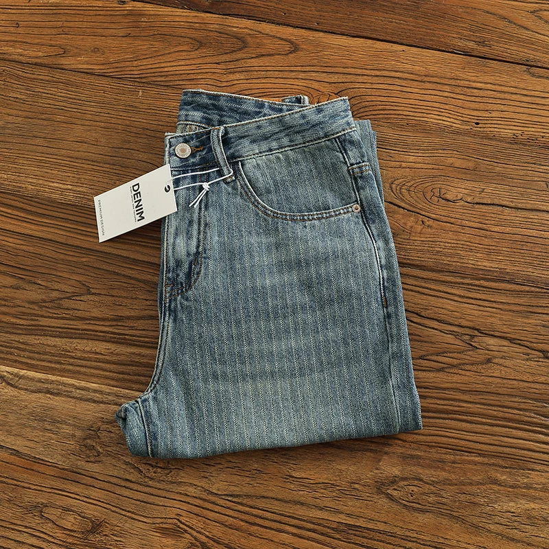 Heavy chunky jeans men vintage do old wash dark vertical texture of loose straight leg denim pants