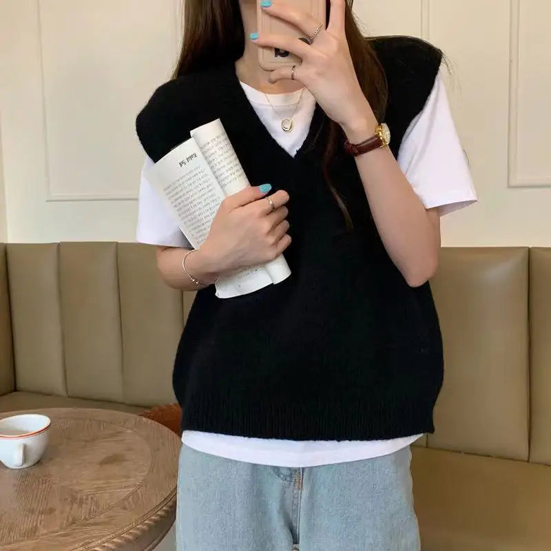 Women V-neck Daily Solid Sleeveless Knitwear