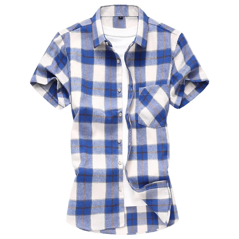 Striped Plaid Short-sleeved Shirt Men's Single-breasted Square Collar Cotton Shirts Summer Fashion Casual Camisa Men Chemise 7XL