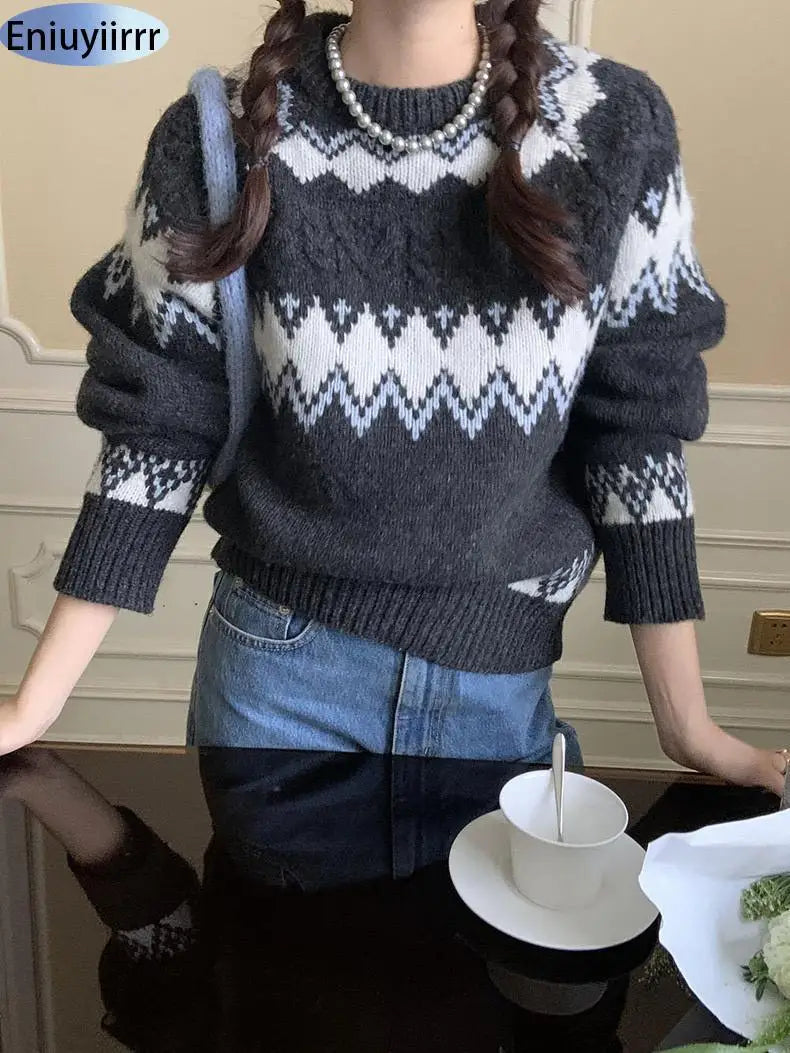 New Arrival Autumn Winter 2024 Scandinavia Lethargic Style Casual Women Tops Geometric Striped Lantern Sleeve Mock Neck Sweater