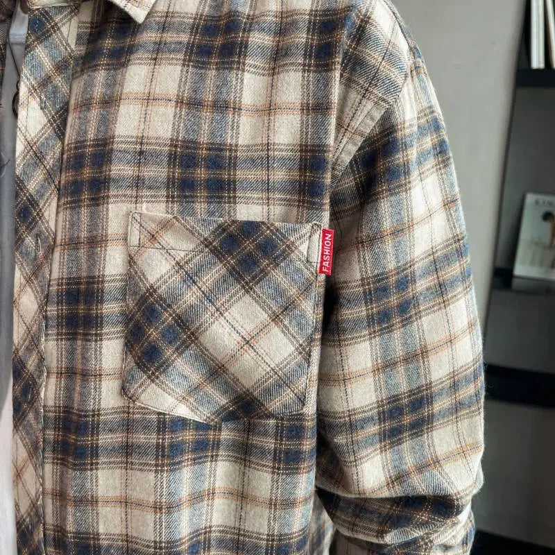 Men's Long Sleeved Checkered Shirt, Korean Slim Fit Jacket, Casual Student Trend Shirt, Lining