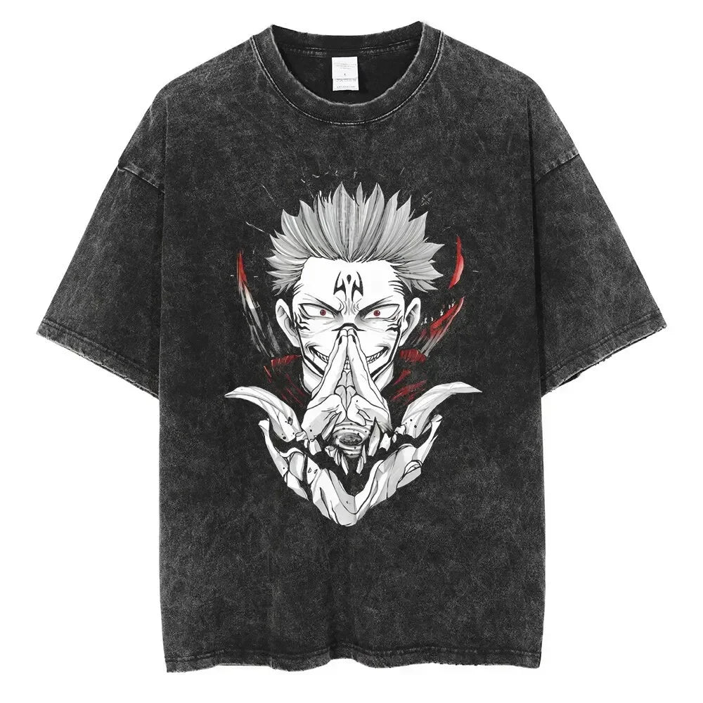 Vintage Anime Printed Washed T-shirt Men Women Cotton T Shirt Hip Hop Streetwear Summer Crew Neck Retro Short Sleeve Tees Tops
