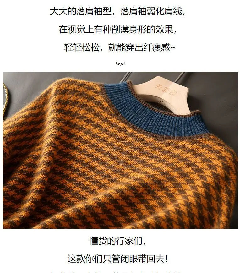 Houndstooth half turtleneck loose and thin knitted sweater women 22 autumn long sleeve casual plaid pullover sweater female