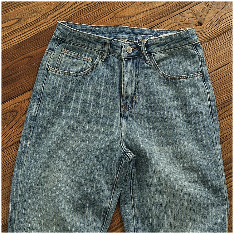 Heavy chunky jeans men vintage do old wash dark vertical texture of loose straight leg denim pants
