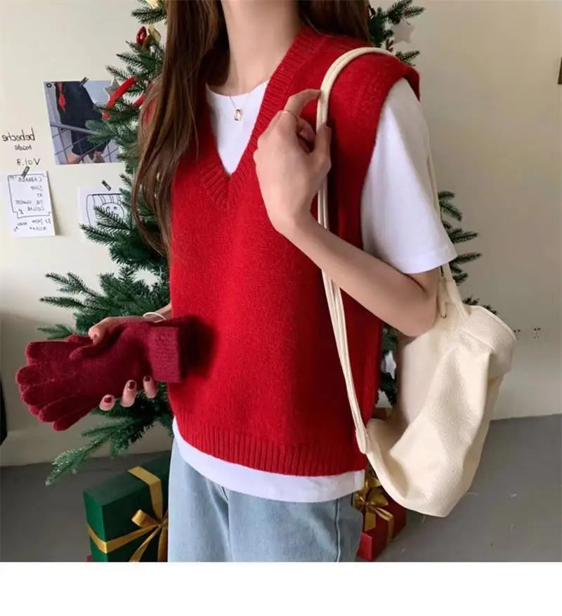 Women V-neck Daily Solid Sleeveless Knitwear
