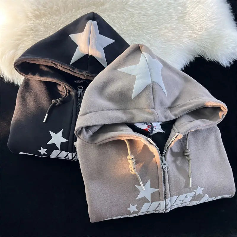 Star Print Hoodies Women's Y2K Street Hip-Hop Zipper Sweatshirt Couple Loose Cashmere Hoodie Cardigan Unisex Casual Coat Women's